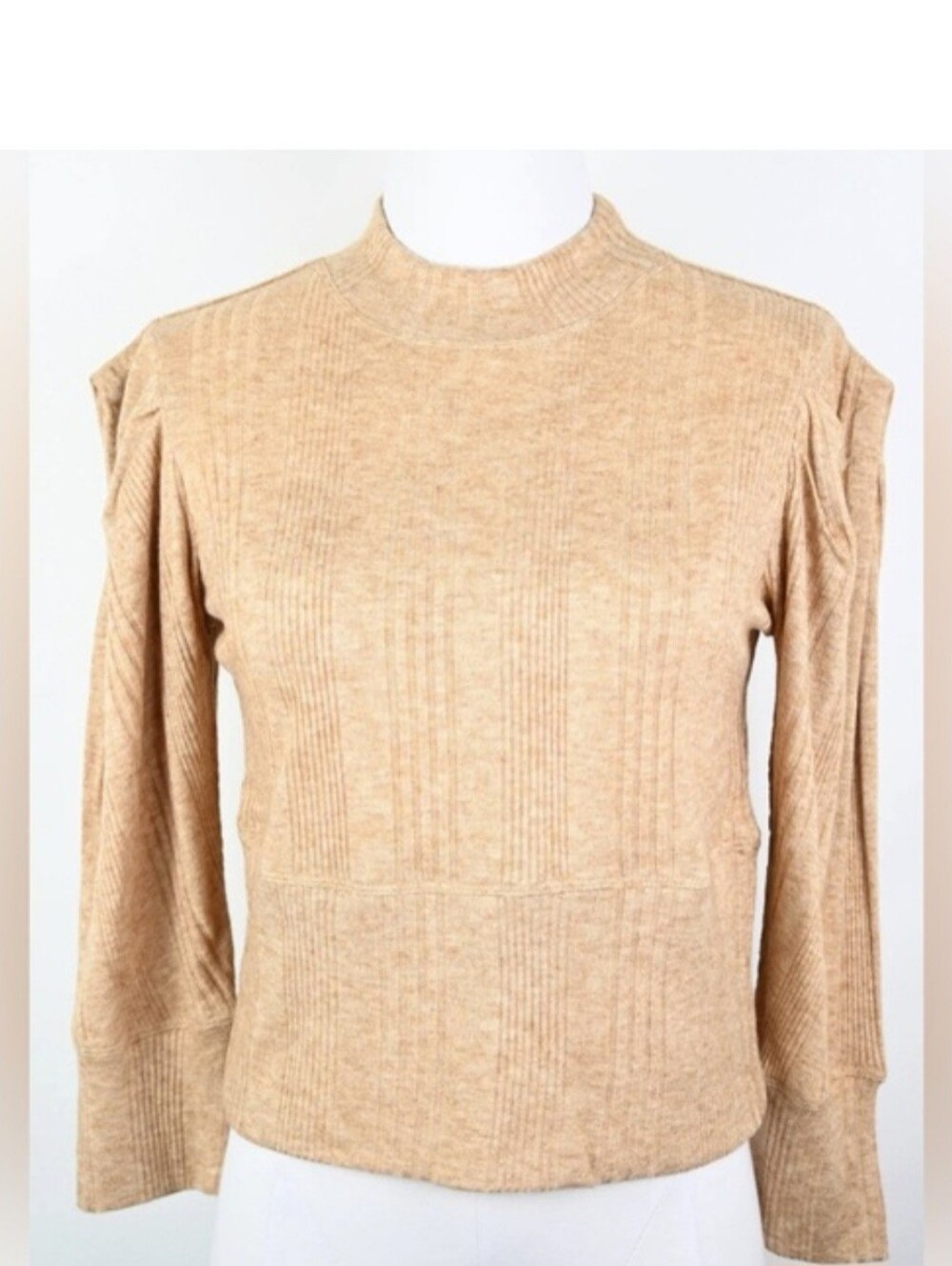 Free People Tan Ribbed Puff Sleeve Mock Neck Sweater